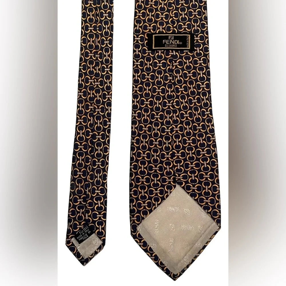 FENDI NECK TIE 100% SILK HAND MADE ITALY BLUE GOLD LINKS PREOWNED IMPERFECT